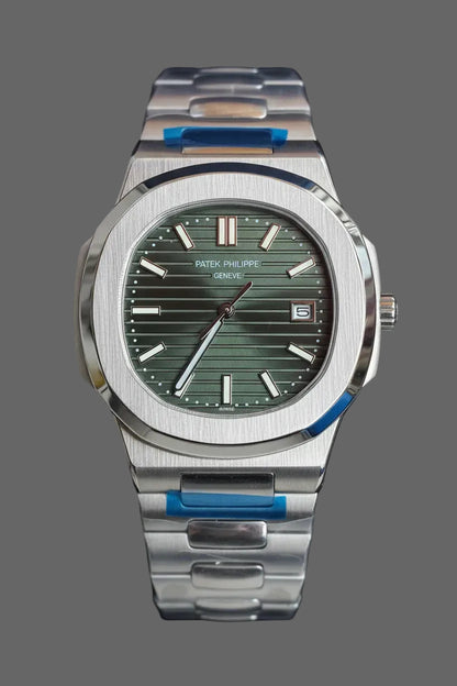 Green horizontally textured dial watch with a silver-tone link bracelet and date window.