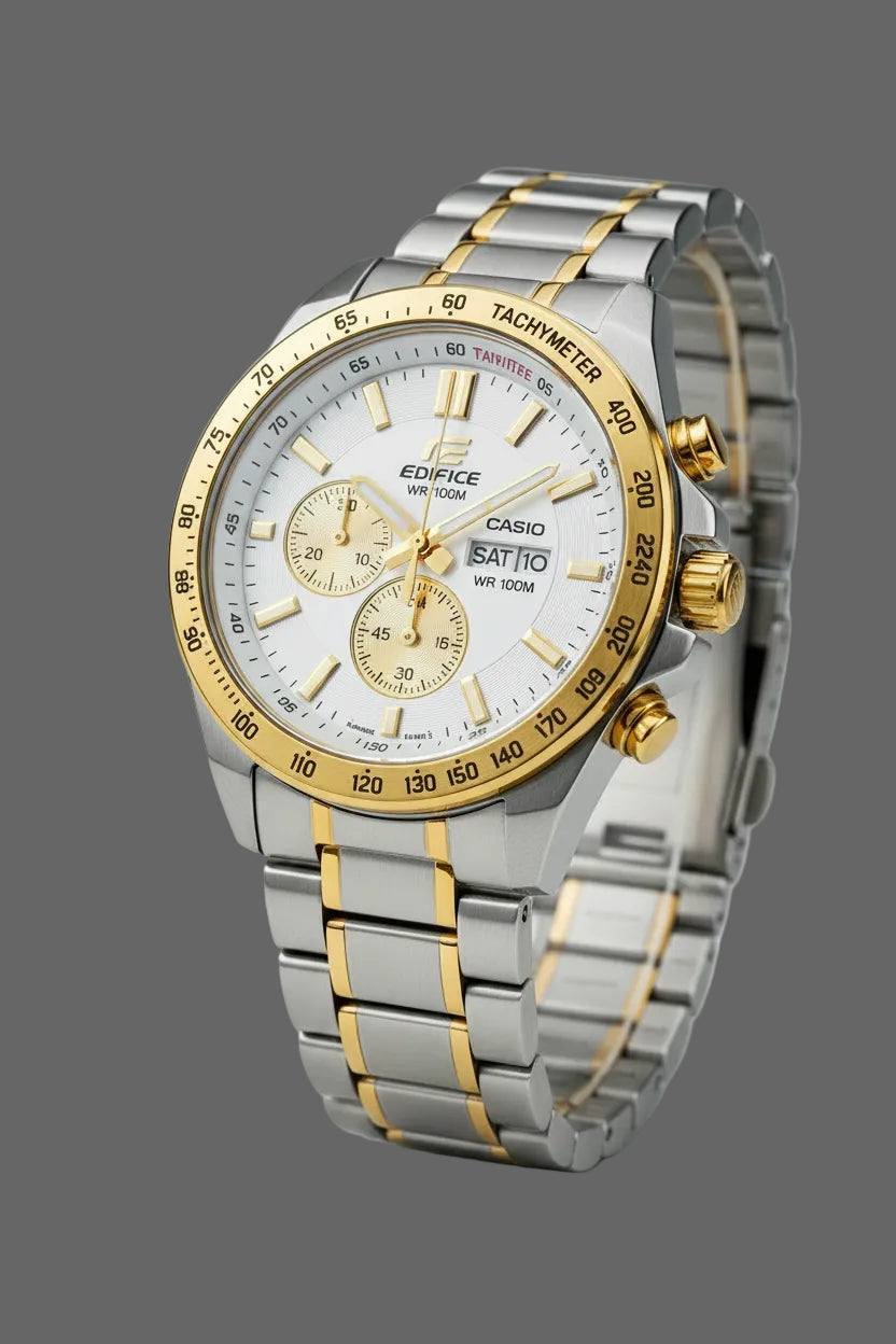 Two-tone bracelet watch with a white dial and gold-tone bezel.