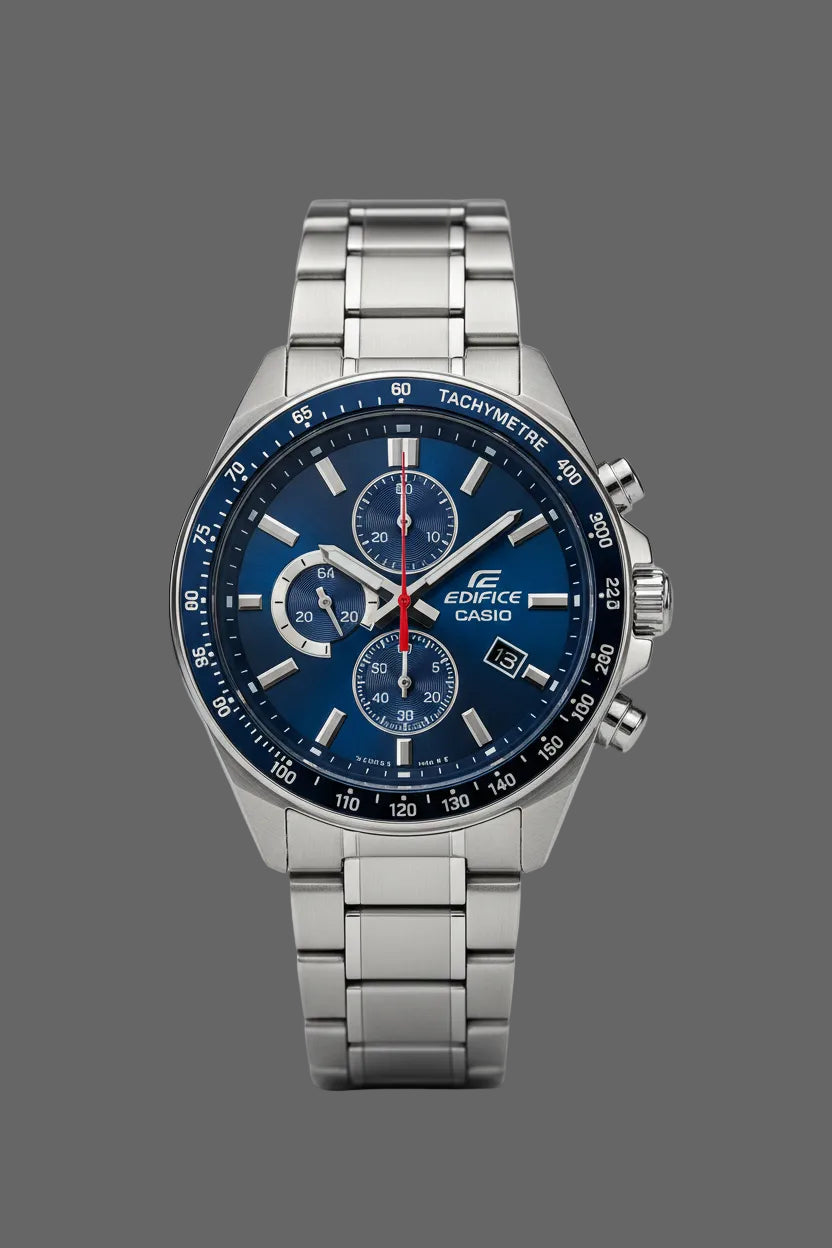 Blue dial bracelet watch with three subdials and a blue numbered bezel.