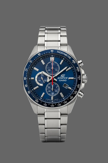 Blue dial bracelet watch with three subdials and a blue numbered bezel.