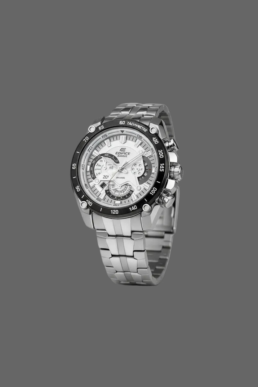 Silver-tone bracelet sport watch with a light dial and black numbered bezel.