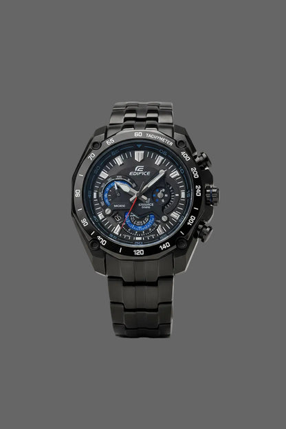 Black bracelet sport watch with blue dial accents and a numbered bezel.