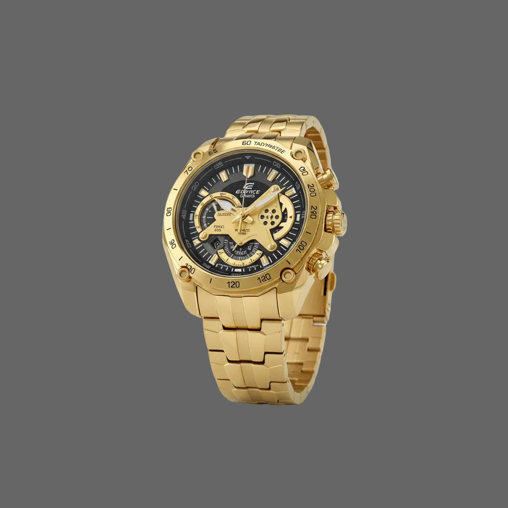 Gold-tone bracelet sport watch with a black and gold-tone dial.