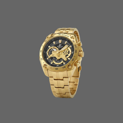Gold-tone bracelet sport watch with a black and gold-tone dial.
