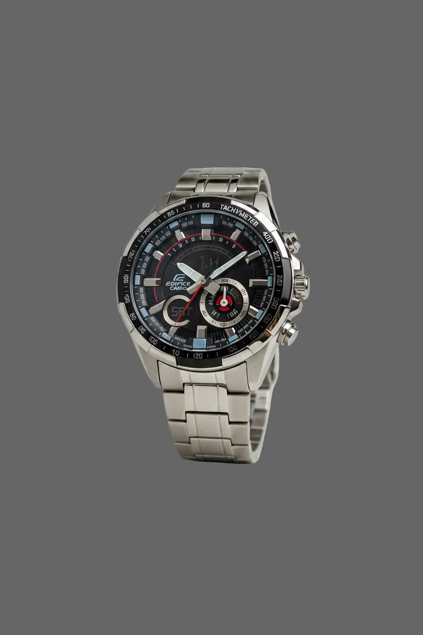Silver-tone bracelet sport watch with a black dial and red accents.