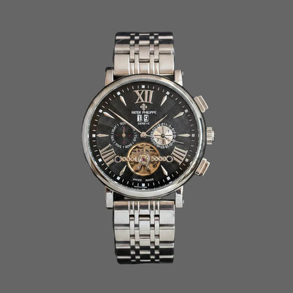 Silver-tone bracelet watch with a dark dial, Roman-numeral accents and an open-heart detail.