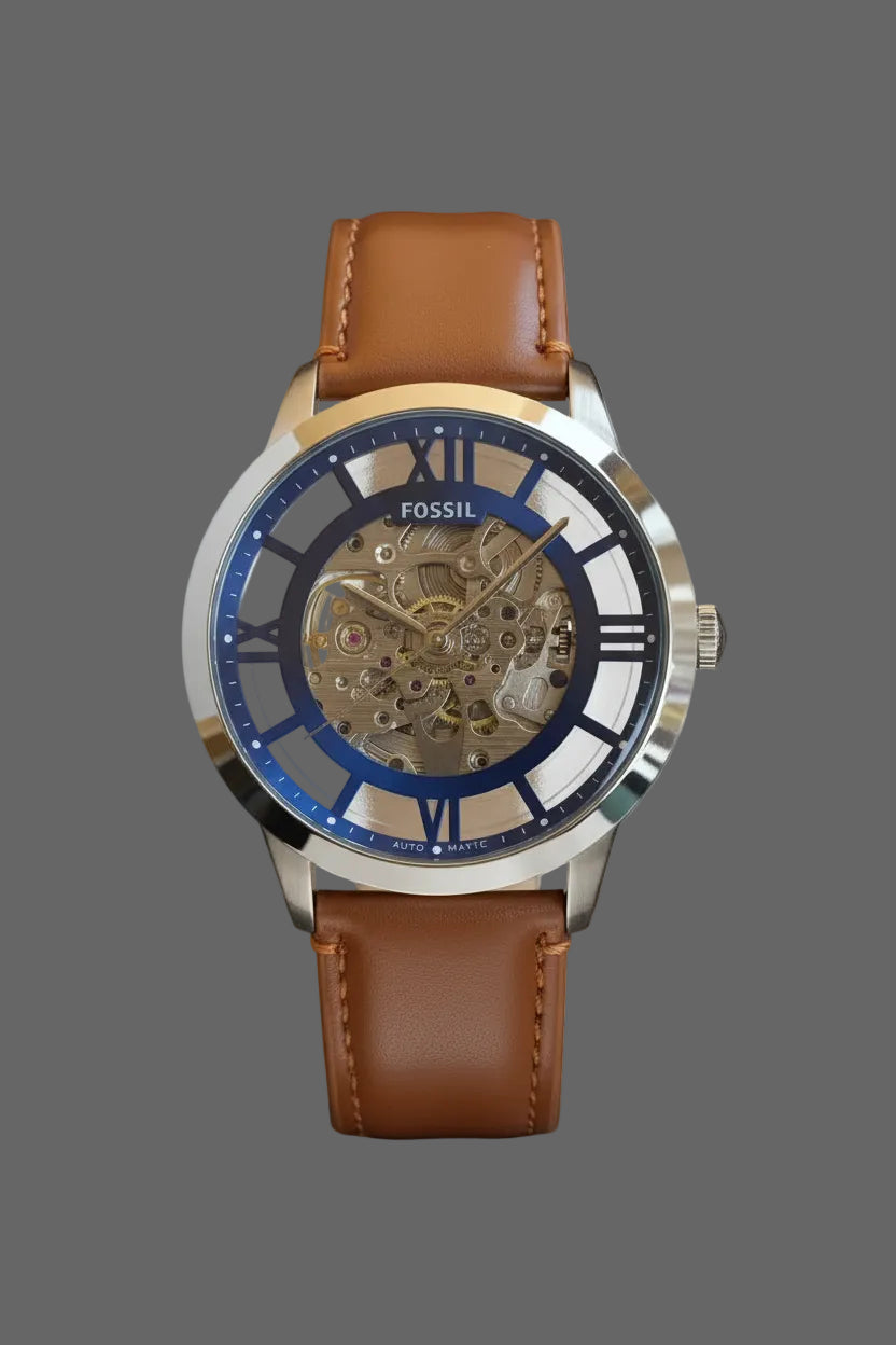Skeleton-style watch with a blue dial surround and brown stitched strap.