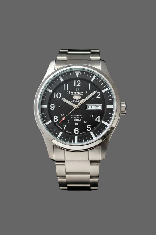 Black numeral dial watch with an inner 24-hour scale, day-date window and silver-tone bracelet.